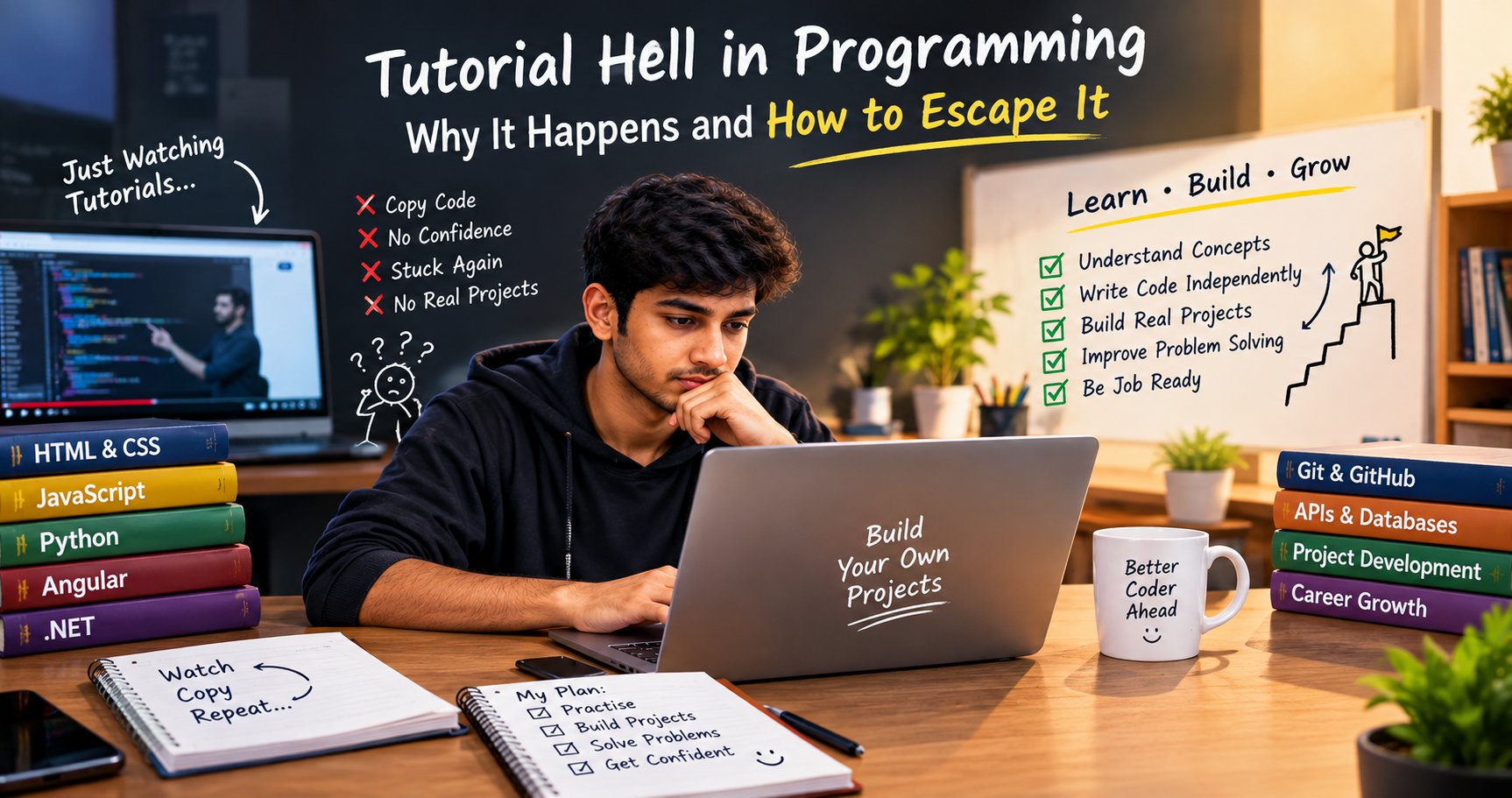 Tutorial hell in programming, showing a student moving from copying tutorials to building projects and developing independent coding skills.